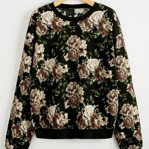 Tops - Black Floral Print Sweatshirt  in S, M, L, and XL